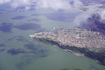 Tagus bay and port of Lisbon, seen from the air. Lisbon, Portugal.
