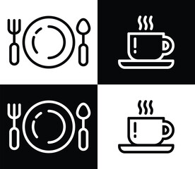 Dishes set - fork, spoon, plate and coffee cup. Vector logo template for cafe or resto on transparent and dark background