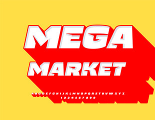 Vector creative Advertisement Mega Market. Bright 3D Font with Big Red Shadow. Artistic Alphabet Letters and Numbers set.