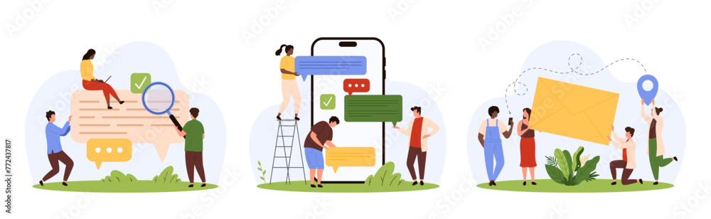 Poster online messages in chat, email in mailbox mobile application set. tiny people send sms in messenger 
