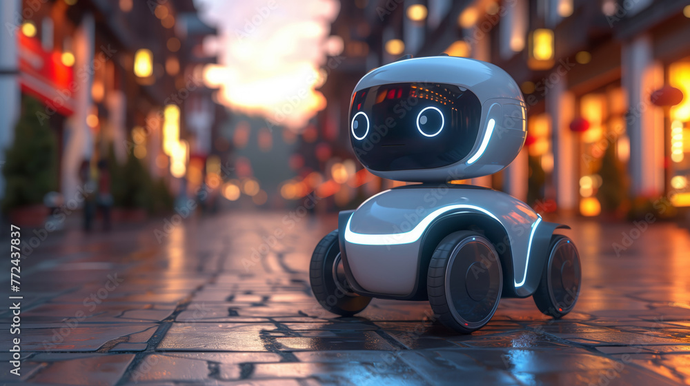 Poster Autonomous Robot Navigating a Cobblestone Street at Dusk