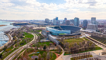 Aerial view of Chicago, Illinois, USA. Soldier Field Stadium. 2024