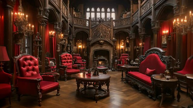 A large room featuring numerous red chairs perfect for accommodating a crowd, Vampire Dracula castle interior, victorian red furnitures, AI Generated