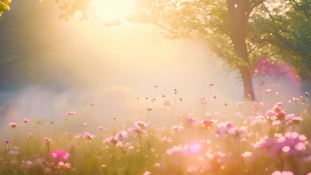 Beautiful summer meadow with pink flowers, sun rays and fog, A tranquil springtime meadow in the early morning covered in dew and flower buds, AI Generated