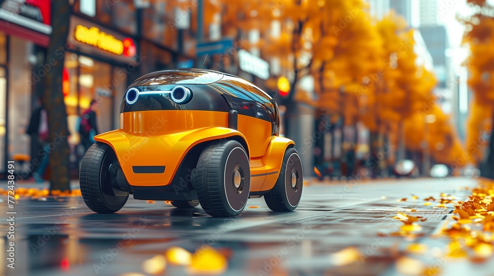 Poster autonomous delivery robot navigating a wet urban sidewalk in autumn