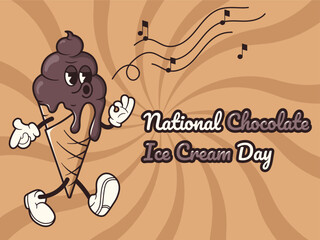 Chocolate Ice Cream in Retro Style. National chocolate Ice Cream Day Vector illustration with groovy mascot