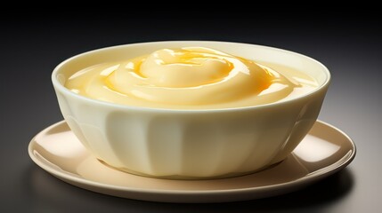 Mustard sauce in a white bowl on a black background close up