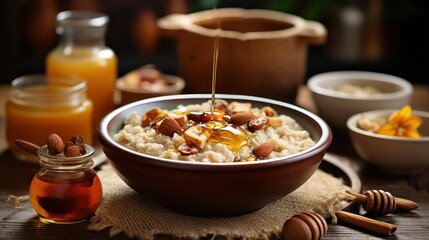 Oatmeal with nuts and honey in a bowl on a wooden table - obrazy, fototapety, plakaty