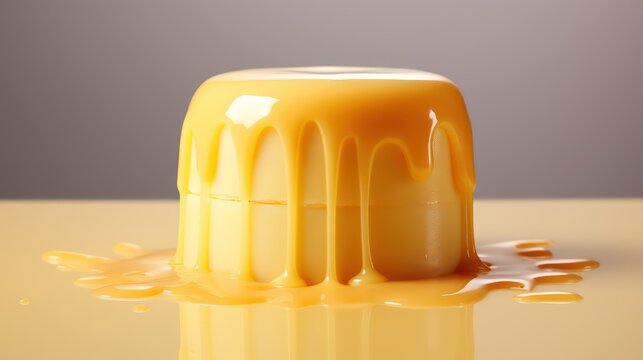 Pudding with caramel on a yellow background. Close-up.