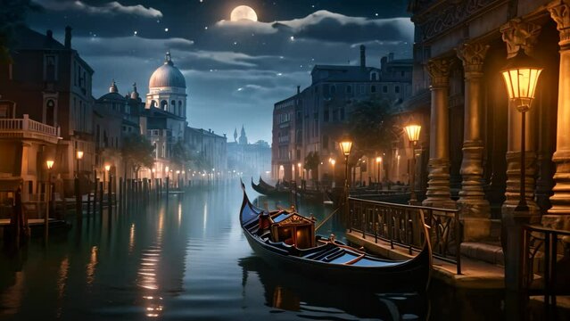 Venice at night with gondola and Santa Maria della Salute church, An elegant gondola floating on a moonlit Venetian canal, AI Generated