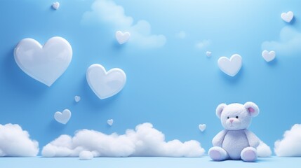A blue background with heart-shaped clouds frames a bear toy, creating a whimsical and atmospheric scene.