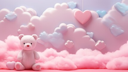 A nature-inspired arrangement of heart-shaped clouds on a pink background frames the adorable bear, evoking a sense of joy.