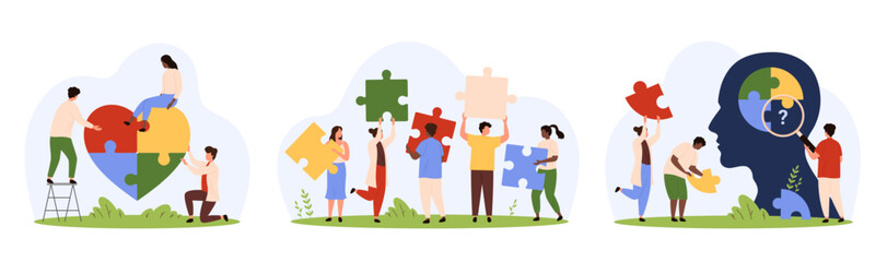 Obraz na płótnie Canvas Teamwork on solution, building cooperation set. Tiny people holding puzzle parts together to fit together in heart, look through magnifying glass and find missing piece cartoon vector illustration