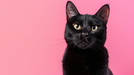 Obraz premium Black cat on pink background looking into camera. Copy Space. Banner concept.