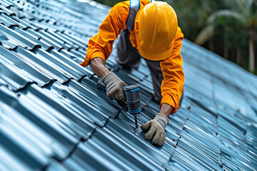 Construction worker install new roof, Roofing tools, Electric drill used on new roofs with Metal Sheet.
