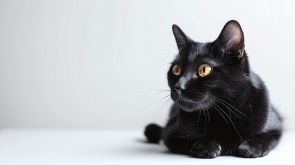 Black cat sits on a white background. Studio shoot. Copy space
