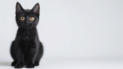 Black cat sits on a white background. Studio shoot
