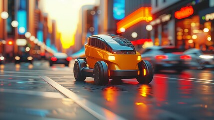 Autonomous Vehicle Navigating Through Neon-lit City at Dusk