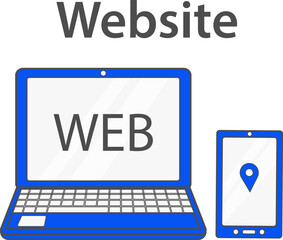 website icon, blue, computer with phone, vector illustration.