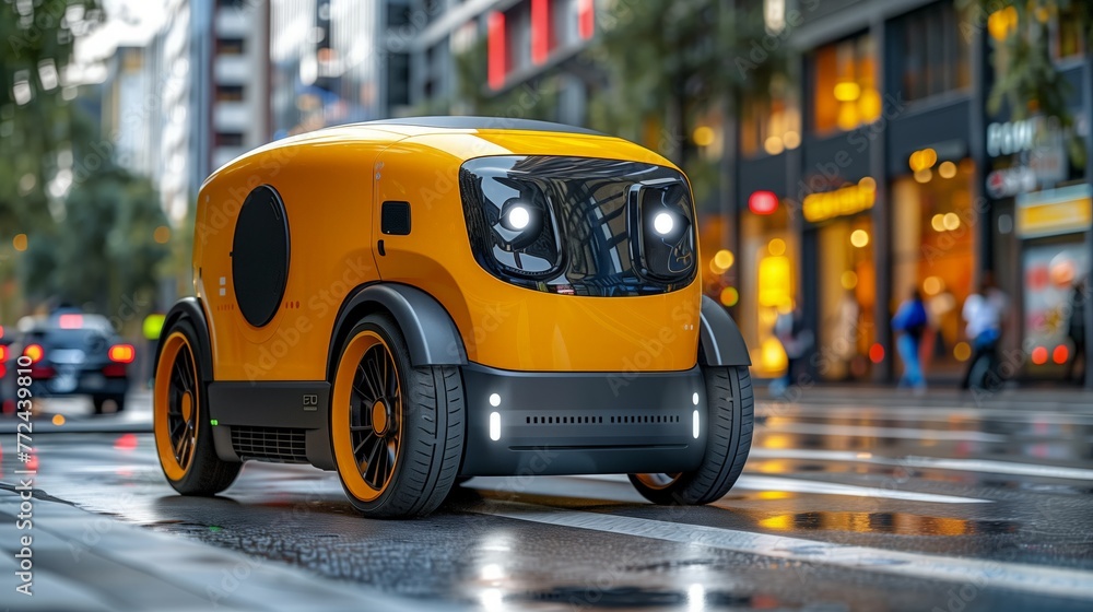 Poster autonomous delivery robot navigating a wet urban street at twilight