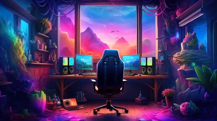 Fotobehang Spacious gamer room with full luxury PC gear with wide screen, soft chair, full RGB   Generate AI © VinaAmeliaGRPHIC