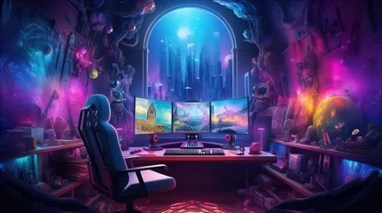 Fotobehang Spacious gamer room with full luxury PC gear with wide screen, soft chair, full RGB   Generate AI © VinaAmeliaGRPHIC