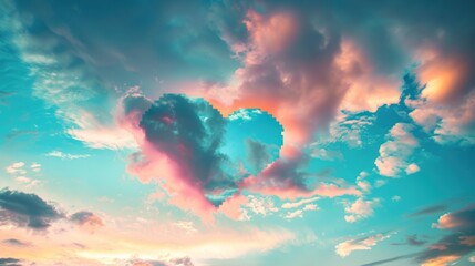 Heart shaped clouds clear blue sky,