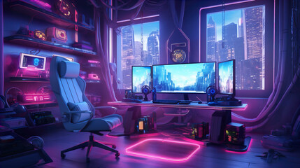 Spacious gamer room with full luxury PC gear with wide screen, soft chair, full RGB   Generate AI - obrazy, fototapety, plakaty