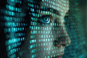 Cyber security concept. Close up of female eye with digital binary code. Cyber security and data...