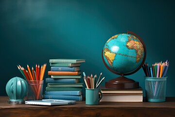 School supplies and globe on a desk in a classroom with blue back