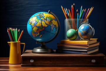 School supplies and globe on wooden desk. Back to school concept.