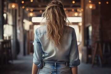 The illuminated scene shows a stylish long-haired blonde in jeans and a shirt, sitting from behind - obrazy, fototapety, plakaty