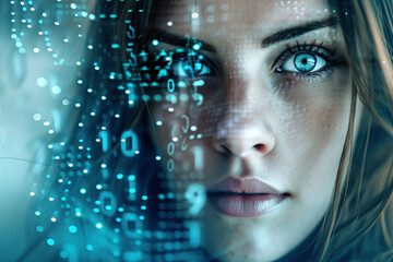Female face with artificial matrix digital numbers.