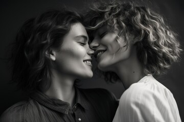 Black and white image of beautiful women tenderly hugging, their eyes full of anticipation of a heartfelt kiss. Concept: love for Valentine's Day and LGBT.