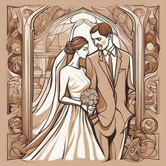 Fototapeta na wymiar Line art of a bride and a groom at their wedding.