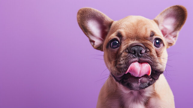 Close-up hungry puppy dog eating licking its lips with tongue. Isolated on purple background. Banner concept, copy space for text or logo.