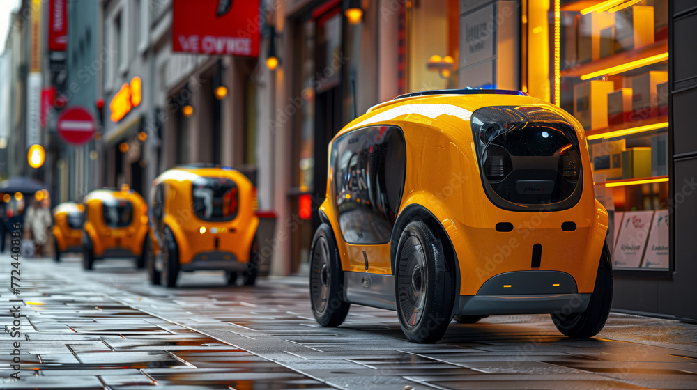 Poster autonomous delivery robots navigating a wet city street at dusk