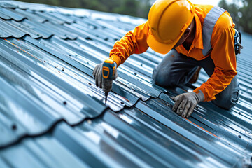 Construction worker install new roof, Roofing tools, Electric drill used on new roofs with Metal Sheet.