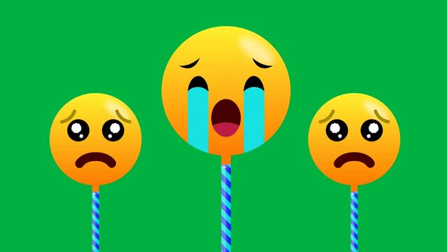 Three crying and sad emoji animation on green screen. Unhappy emoji clip