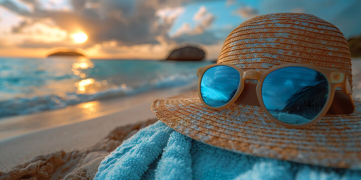 Sunset on the palaya, beach towel, glasses and sun hat