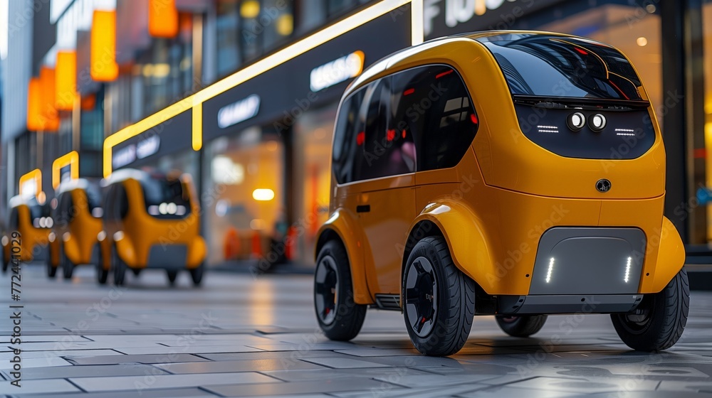 Poster autonomous delivery robots navigating a city street at dusk