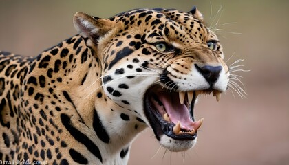 A Jaguar With Its Teeth Bared In A Fearsome Snarl - obrazy, fototapety, plakaty