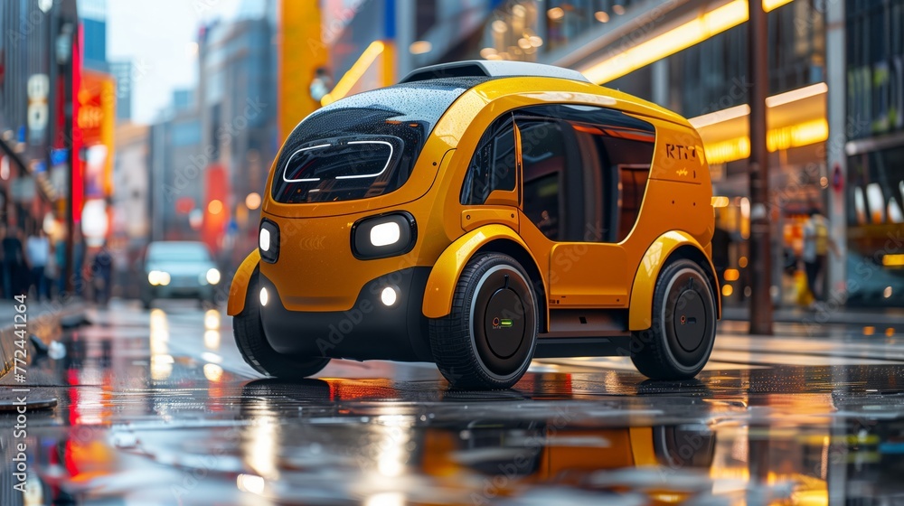 Poster autonomous delivery robot on a wet urban street at twilight