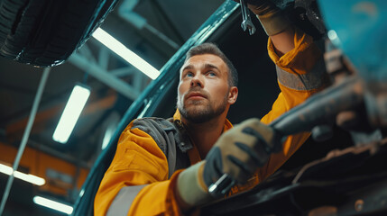 A male auto mechanic repairs the undercarriage of a car from below. - obrazy, fototapety, plakaty
