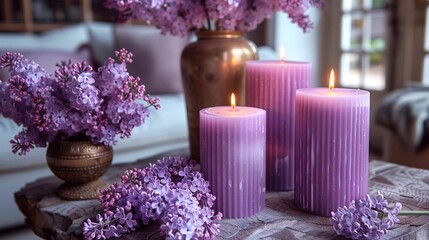 Obraz na płótnie Canvas Three lilac-colored candles on a wooden table surrounded by lilac flowers