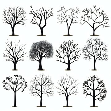 set of tree black outline white illustration 