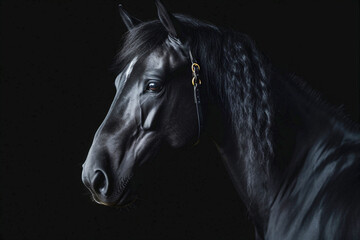 Side view portrait of a black horse, generative ai