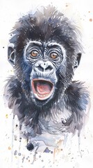 Watercolor painting of a baby gorilla, making a funny face, on a white background