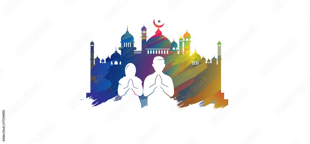 Wall mural islamic family with mosque and moon background. illustration of eid mubarak or ramadan kareem.