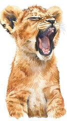 Obraz premium Gentle lion cub in watercolor, yawning adorably, set against a white background